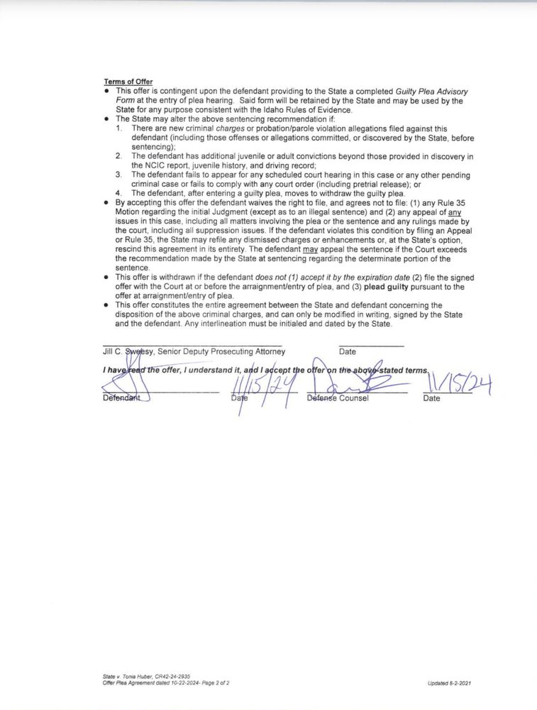 A copy of Tonia Huber's plea agreement. 