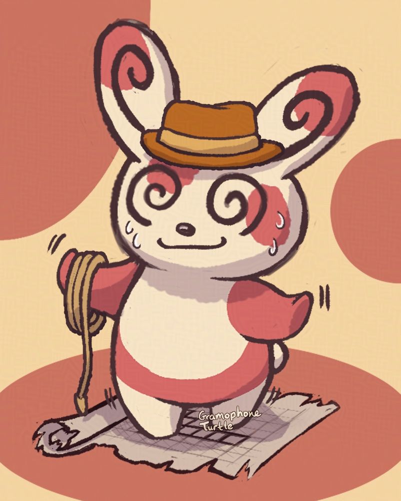 Digital art of a Spinda wearing a cowboy hat and carrying a whip, teetering on top of a half rolled up map of La Mulana's Spring in the Sky. The Spinda is sweating.
