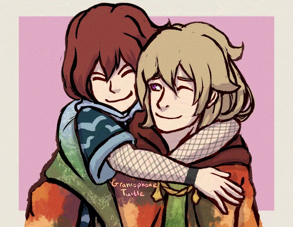 Digital art of my two OCs, Chisa and Father. Chisa is giving Father a hug over his shoulder.