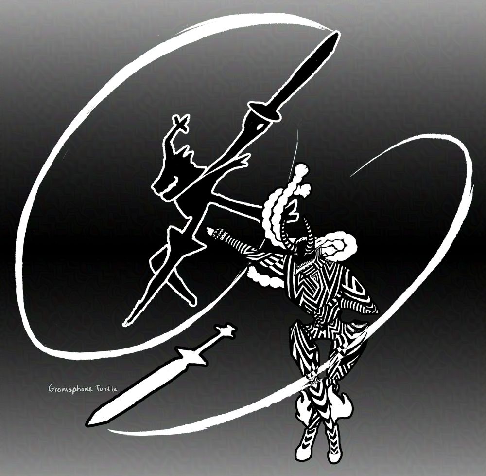 Digital art of full bodies of the Roaring Knight from Deltarune and Loki from Persona 5, swinging their swords. The Roaring Knight is at a side profile, with their sword swung down and around over their head. Loki's striped self is bowed, at a 3/4 angle.