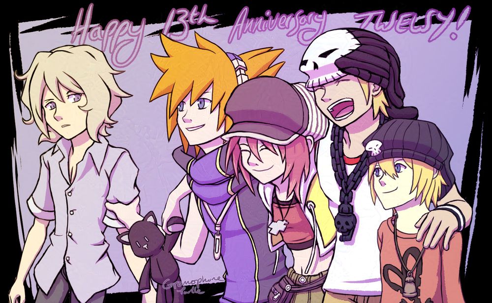 Digital art of an anniversary picture for The World Ends With You, featuring TWEWY main cast. Neku, Shiki, Beat and Rhyme are smiling and having a good time. Neku grabs Joshua by the arm and pulls him along. Shiki has her arms wrapped over the shoulders of Neku and Beat. Beat has a hand on Rhyme’s shoulder and the other goes somewhere behind Shiki and Neku. There is a black scribble border behind them.