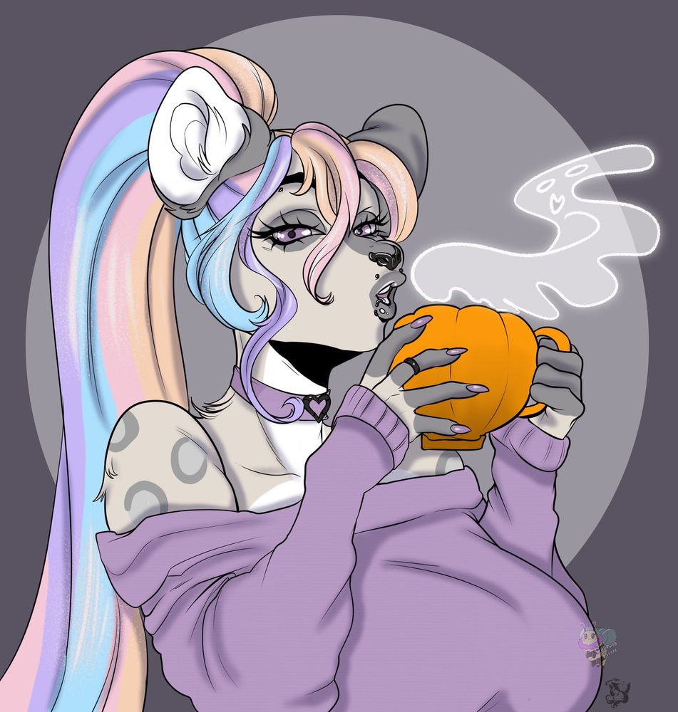 A snow leopard Anthro of mostly gray colors. She wears a lose, lavender sweater and holds an orange pumpkin mug, which she blows the steam off of. She looks to the camera, with heavily lashed purple eyes. Her hair is in a big ponytail, and is a pastel rainbow of colors