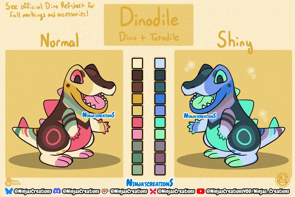 A "joke" ref sheet of Dino as a Totodile and a shiny form on a yellow background and boxes.