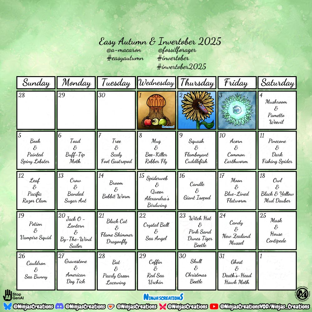 My calendar for Easy Autumn and Invertober 2025! Day 3 is fox and giant green anemone with the silver fox curled up in the center of the anemone under water! I did an Okami reference since these prompts did not go together haha