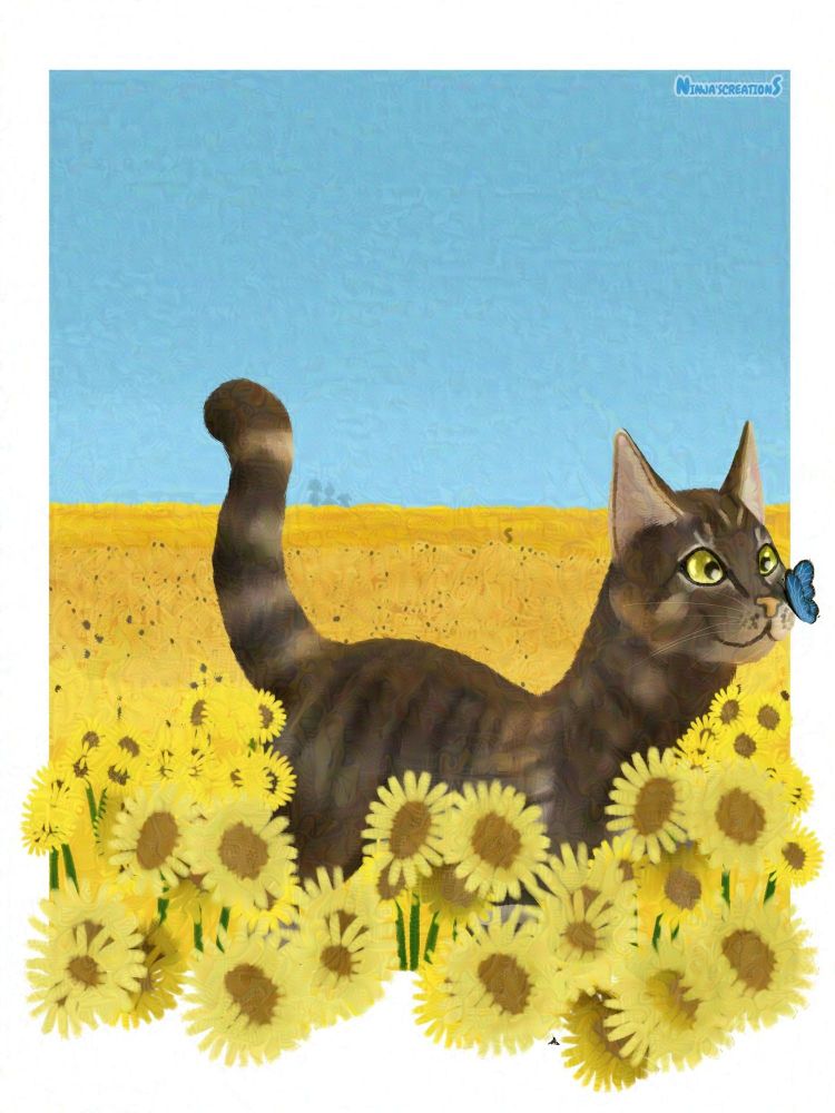 A gray-brown cat with a blue butterfly on his nose in a yellow sunflower field with clear blue skies.
