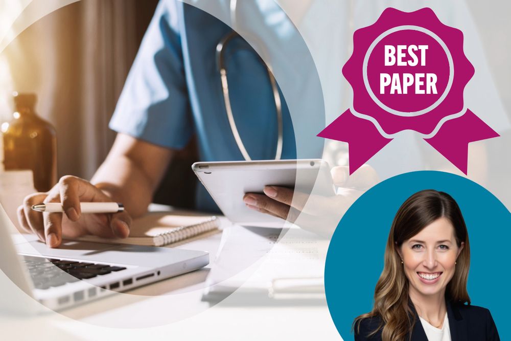 Headshot inset of faculty member against background of doctor on laptop