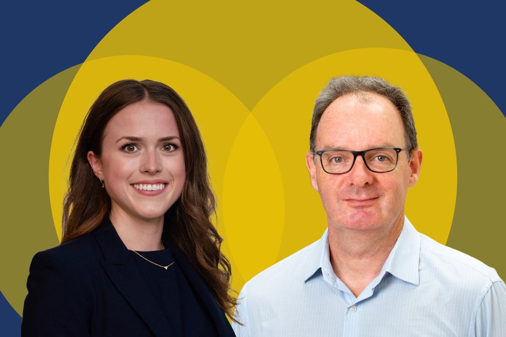 Two researcher headshots on abstract background of yellow and blue