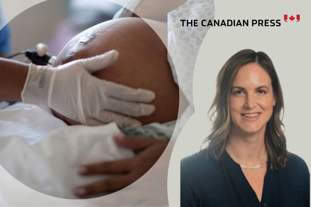 Hand on pregnant belly in hospitla setting, beside Dr. Millar's headshot