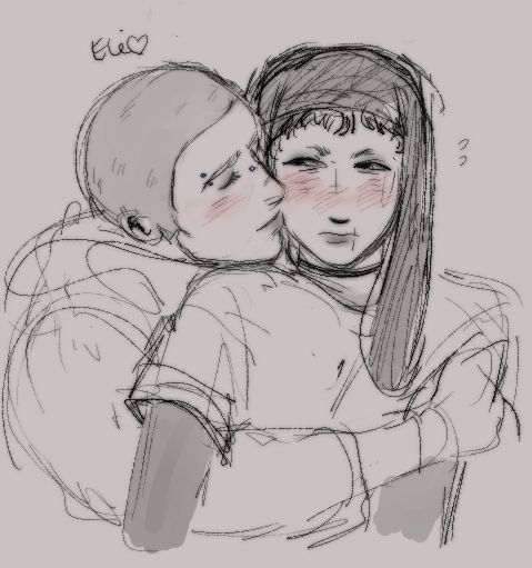 Lucus is clutching Eli to him while dipping down to press a kiss to the other man's cheek while they both blush. 