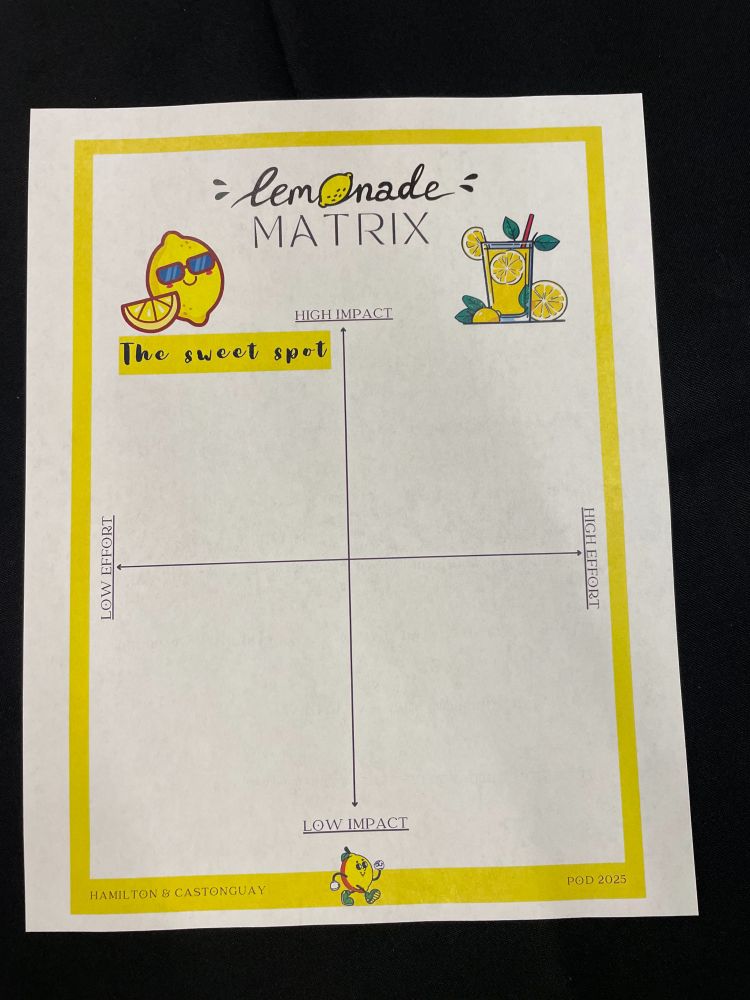 A 2x2 lemonade matrix. The x-axis ranges from low effort to high effort, and the y-axis ranges from low impact to high impact.