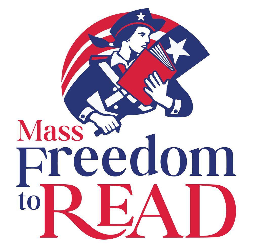 Red, white, and blue logo of a patriot holding a book with the words Mass Freedom to Read.