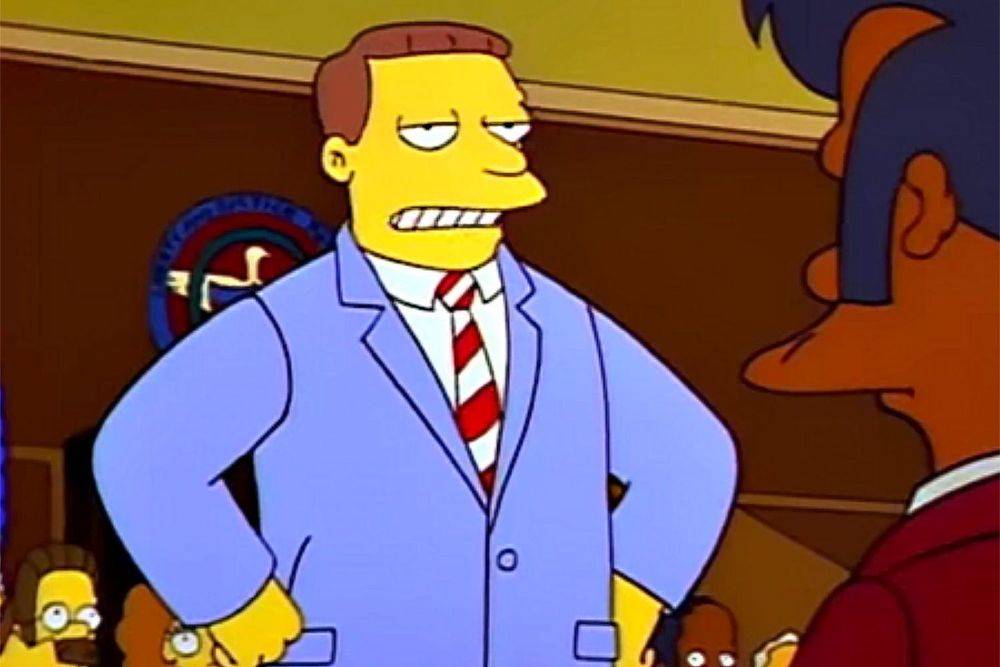 Lionel Hutz, a lawyer on The Simpsons, facing the camera while wearing a blue suit and red/white striped tie.