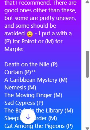 Ordered list of Agatha Christie book recommendations: Death on the Nile, Curtain, A Caribbean Mystery, Nemesis, The Moving Finger, Sad Cypress, The Body in the Library, Sleeping Murder, Cat Among the Pigeons. Continued with 2nd image.