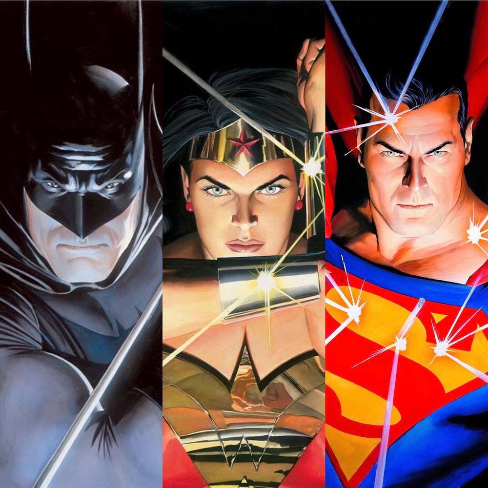 Batman, Wonder Woman, and Superman illustrated in oil paints by Alex Ross. 

Each part of the three-part image is a crop of a larger painting. Each character's head and upper chest are featured. 