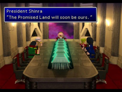 Screenshot from Final Fantasy 7
President Shinra says "The Promised Land will soon be ours."
He is a murderous corpocrat. His company is the de facto world government. He is obsessed with a place called the "Promised Land," which in the religion of the nomadic peoples of the planet is a metaphor. He believes it is a real place, hidden on the planet, where he and his fellow elites will get whatever they want. 