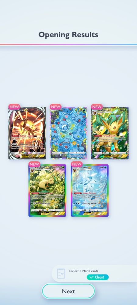 The results page of a booster pack showing all 5 cards being super rare!