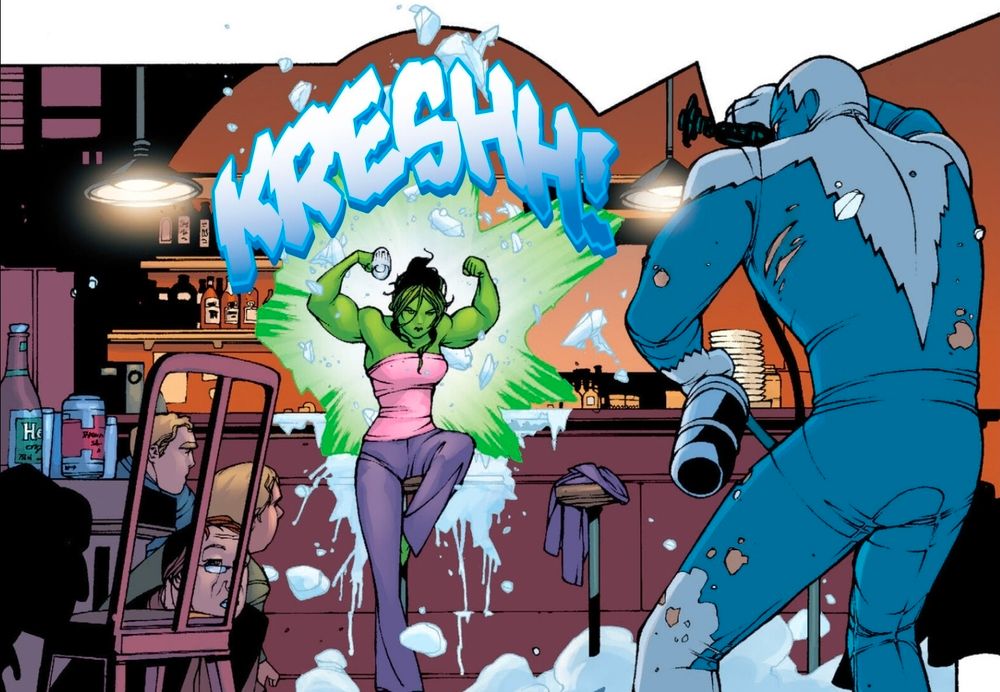 She-Hulk breaks free of an ice cocoon shot at her by some loser mook in a blue and white jumpsuit, making a KRESH! sound effect. 