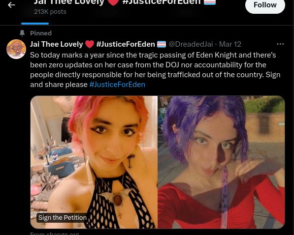 So today marks a year since the tragic passing of Eden Knight and there’s been zero updates on her case from the DOJ nor accountability for the people directly responsible for her being trafficked out of the country. Sign and share please #JusticeForEden