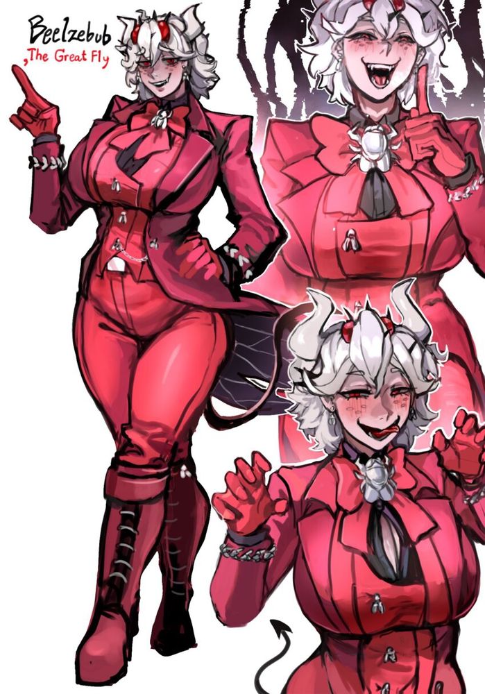 Beelzebub from Helltaker, a lesbian white woman in a fancy red gentleman's suit 