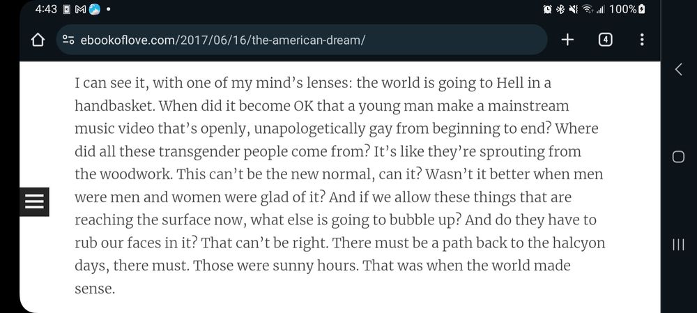 I can see it, with one of my mind’s lenses: the world is going to Hell in a handbasket. When did it become OK that a young man make a mainstream music video that’s openly, unapologetically gay from beginning to end? Where did all these transgender people come from? It’s like they’re sprouting from the woodwork. This can’t be the new normal, can it? Wasn’t it better when men were men and women were glad of it? And if we allow these things that are reaching the surface now, what else is going to bubble up? And do they have to rub our faces in it? That can’t be right. There must be a path back to the halcyon days, there must. Those were sunny hours. That was when the world made sense.