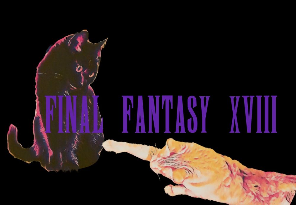 Ffxviii fake logo with a naughty orange cat reaching out towards a shy black cat.