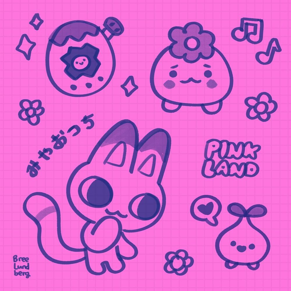 Doodle style drawings of new Tamagotchi Paradise characters and cute icons including Meowtchi. Drawn in dark bluish purple on a bright magenta background to look kind of like marker on a sticky note.