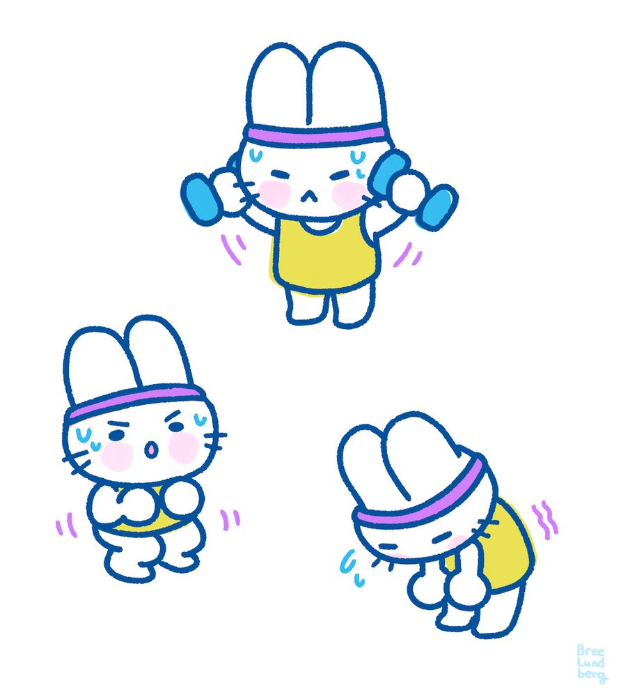 Drawing of a cute white bunny character wearing a yellow tank top and purple headband. They're in three different poses with determined expressions: lifting weights, doing squats, and stretching down to touch toes.