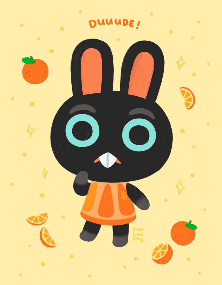 Illustration of Cole from Animal Crossing New Horizons. He's a cute black bunny character with a big head and huge round blue eyes and teeth sticking out, he's wearing a shirt with orange slice pattern on it. He's on a light yellow background with smaller oranges and orange slices surrounding him and his catch phrase "duuude!" is written above him.