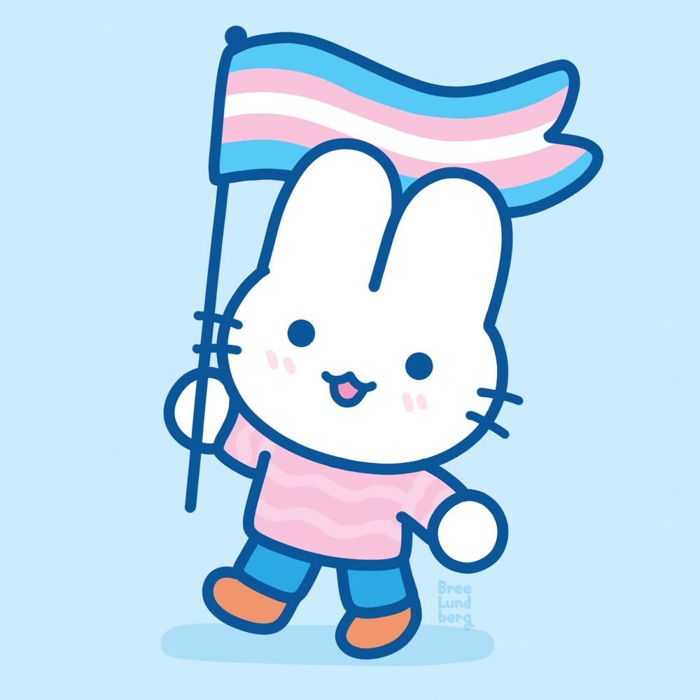 Illustration of a cute stylized white bunny character wearing a pastel pink sweater and smiling while holding up a trans pride flag.