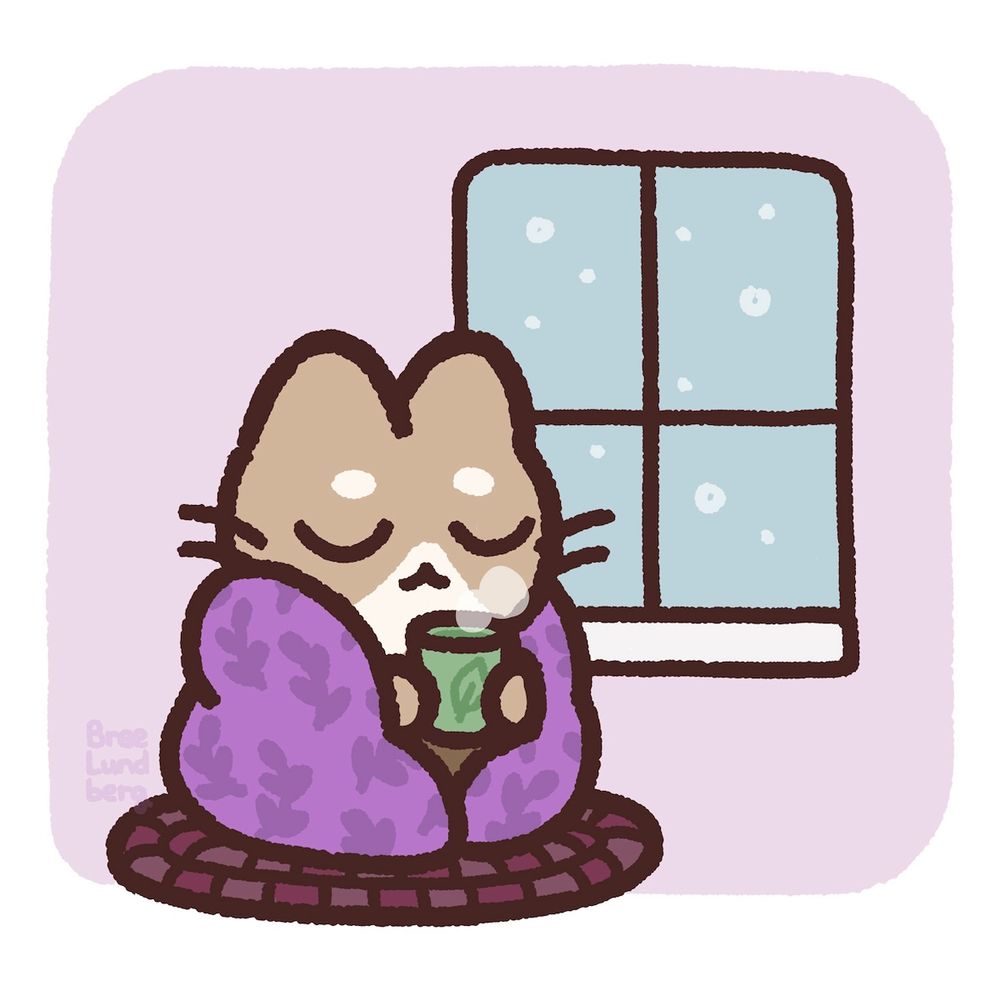 Digital illustration of a cute light brown cat character wrapped in a purple blanket holding a green cup of tea with their eyes closed looking peaceful. They're sitting on a rug beside a window with snow falling.