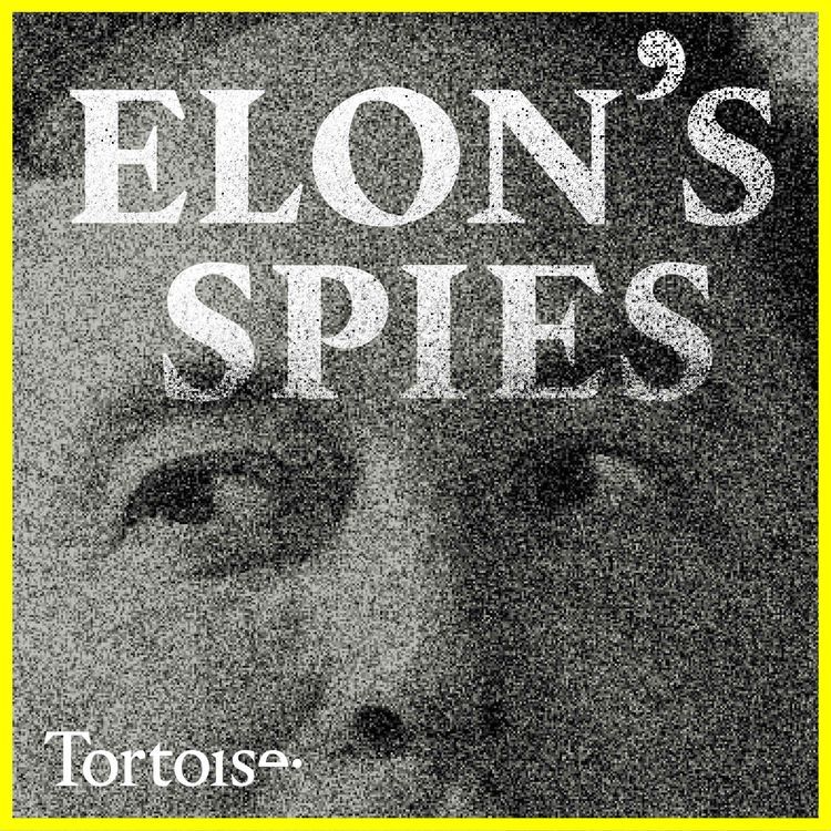 Elon's Spies podcast thumbnail.  Title in grainy white writing against grainy close-up black and white photo of Musk's eyes and nose.   Tortoise logo in bottom left corner.  Whole image framed in thin bright yellow line.