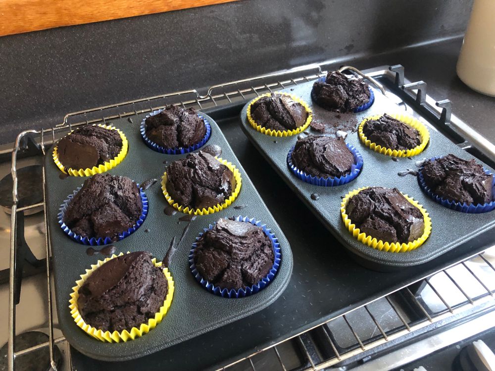 A dozen chocolate cupcakes in papers in a silicon tray