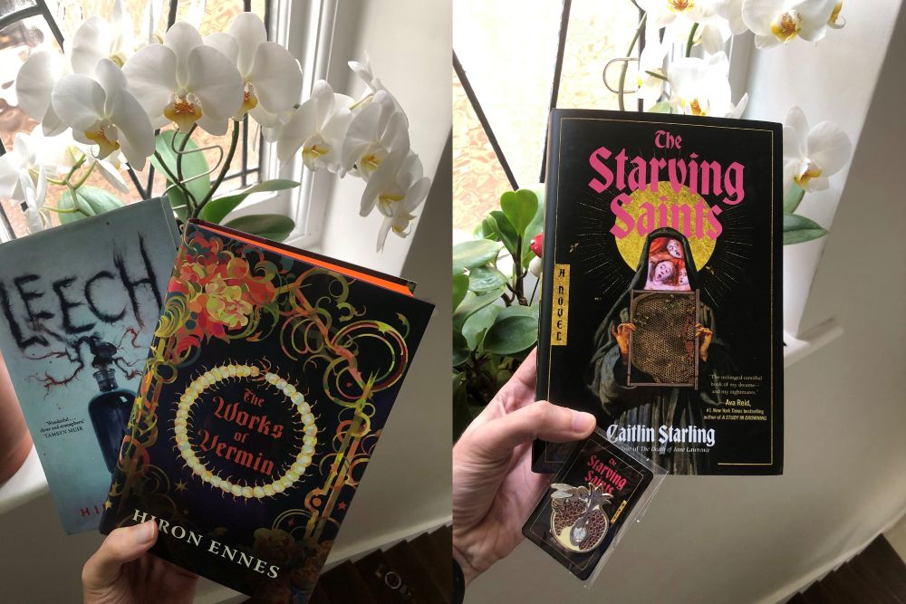 Covers for Works of Vermin (and Leech) on left and Starving Saints on right, held in hand in front of orchid