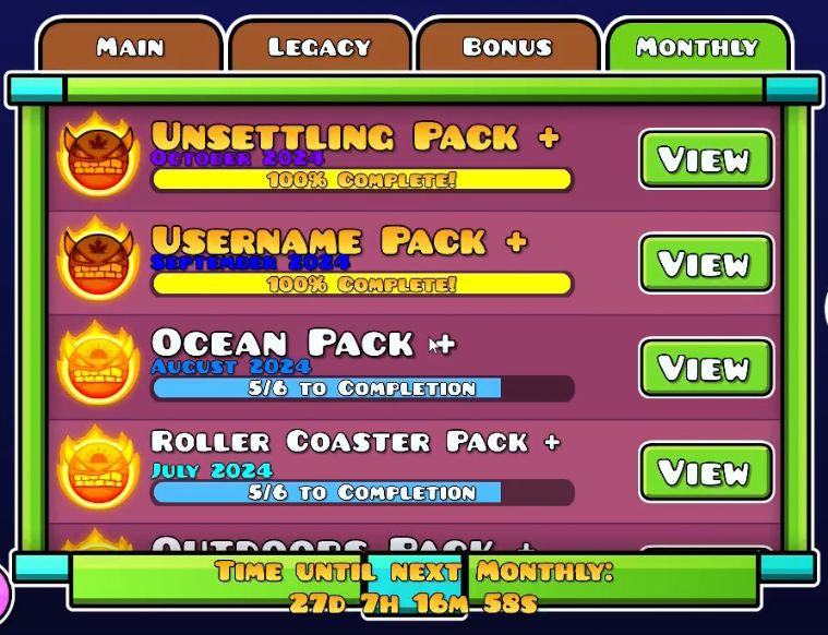 The Monthly Packs tab in the GDDP Mod with a countdown until the next Monthly Pack. It currently says, "Time until next Monthly: 27d 7h 16m 58s"