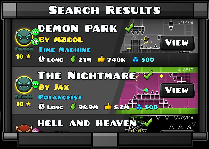 Search Results for a new GDDP Integration Feature. It shows demon park, The Nightmare, and hell and heaven, sorted by Age.