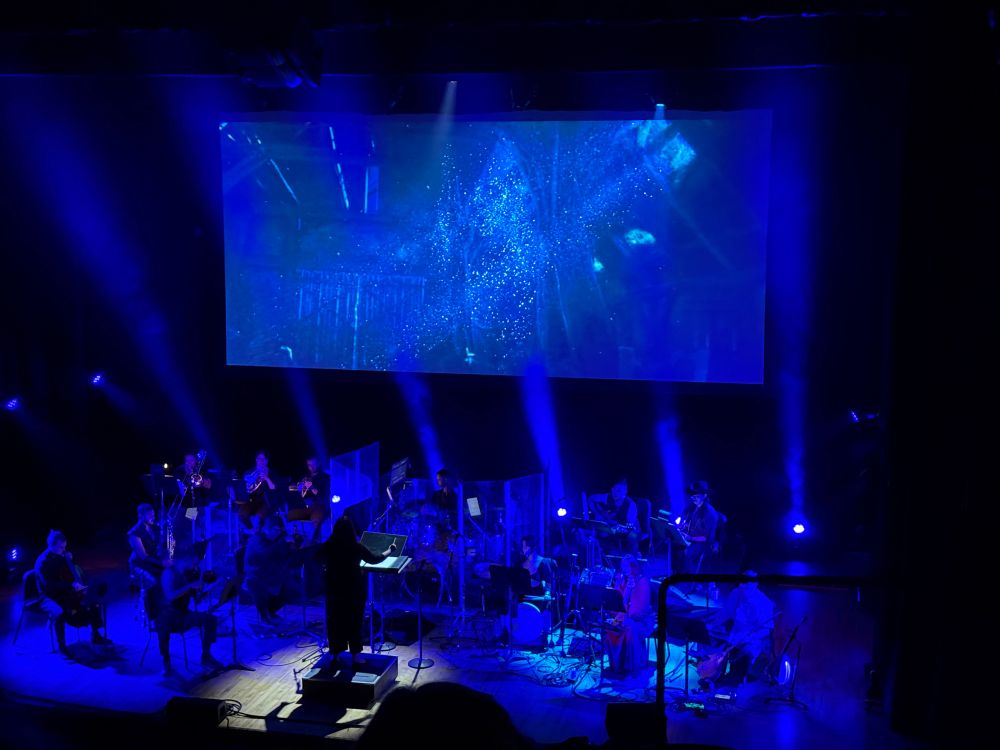 A small orchestra playing under blue light. The screen above depicts a bruxa affected by a bomb- she is invisible aside from shimmering. 