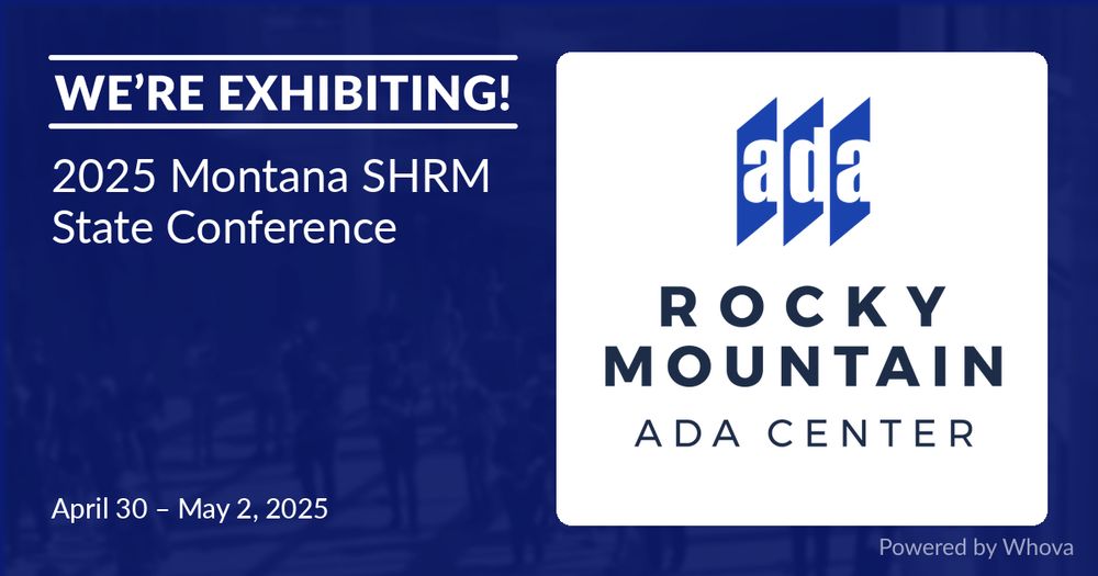 Promotional banner for the 2025 Montana SHRM State Conference, featuring logos of Rocky Mountain ADA Center and Whova, event dates from April 30 to May 2, 2025, with a blue background.