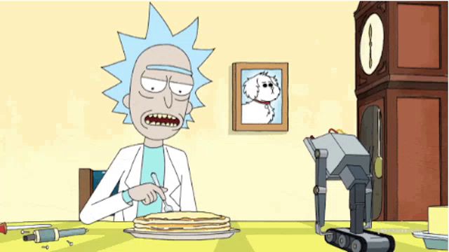 rick from rick and morty is sitting at a table with a plate of pancakes