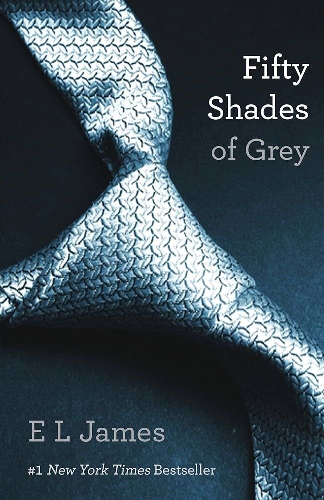 Book cover of "50 Shades of Grey" with a tie on the cover.