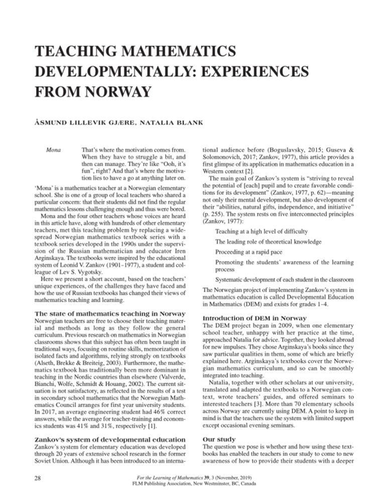 (PDF) Teaching mathematics developmentally: Experiences from Norway