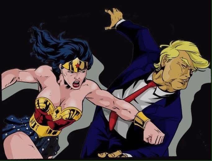 Cartoon image of Wonder Woman throwing a left at t-rumps jaw