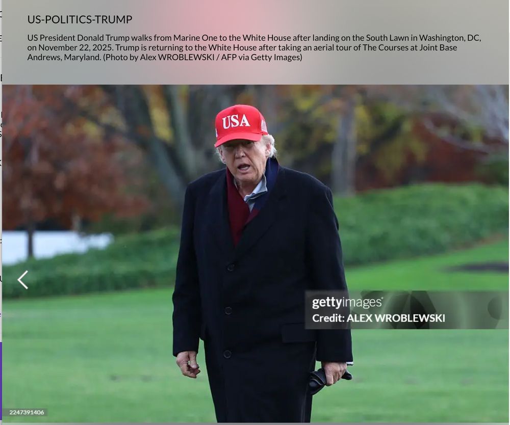 US President Donald Trump walks from Marine One to the White House after landing on the South Lawn in Washington, DC, on November 22, 2025. Trump is returning to the White House after taking an aerial tour of The Courses at Joint Base Andrews, Maryland. (Photo by Alex WROBLEWSKI / AFP via Getty Images)

A collar of a polo shirt sticks halfway out from under the president's scarf. He's wearing a red hat with USA on it and is making an odd face
