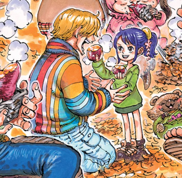 A cropped screenshot of the cover of chapter 1166 for One Piece. It shows Sanji kneeling down as Tama offers him a fresh baked sweet potato. Sanji is faced away from the camera but you can see his wide smile.