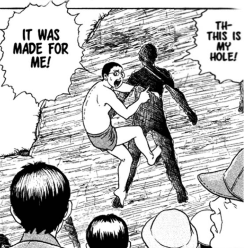Picture of a man climbing into a hole in human-shaped hole in a mountain, yelling to an onlooking crowd, “This is my hole! It was made for me!” From the Junji Ito short story, “The Enigma of Amigara Fault.”