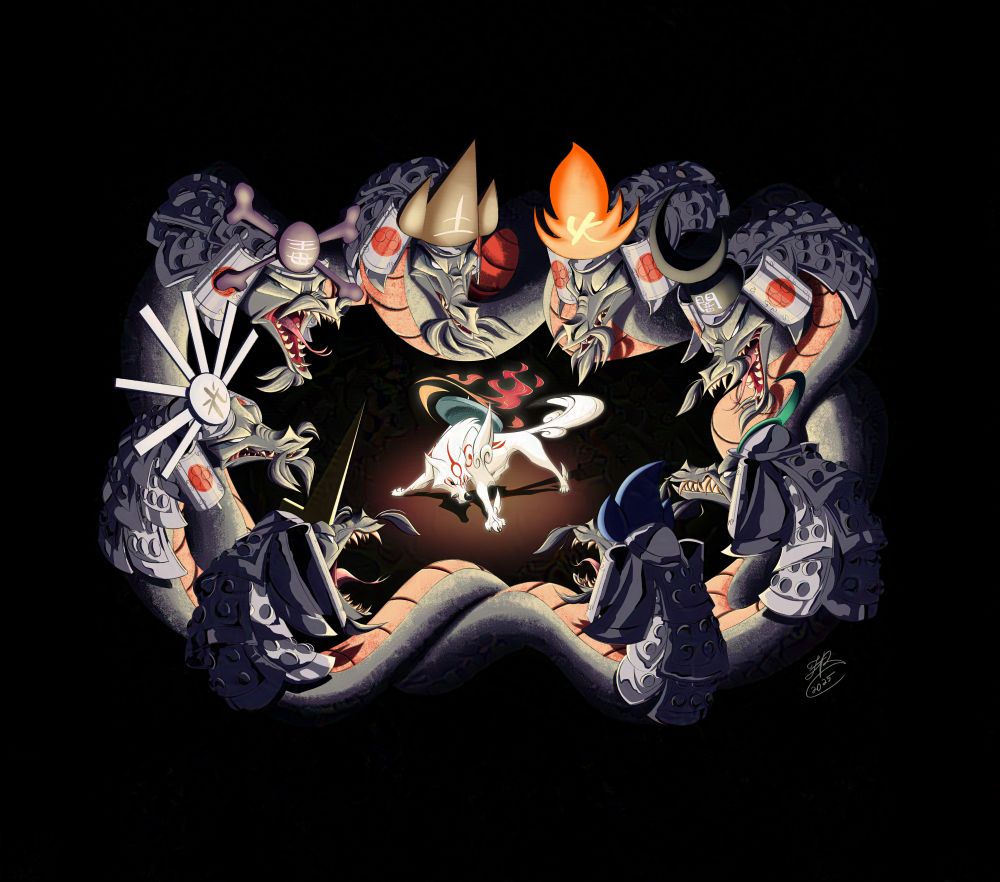 A fanart piece for the video game Okami. Amaterasu, the white wolf, stands at the ready for battle. Surrounding her is Orochi, the dreaded eight-headed serpent, poised to strike. The only light source in this scene is Amaterasu herself, her godly glow illuminating both herself and Orochi.