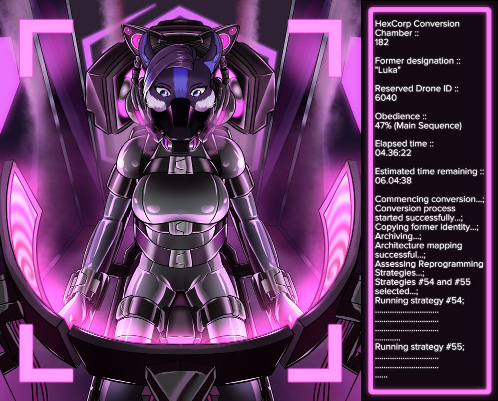 Hexcorp drone 6040 (aka Luka) is sitting in a chair with restraints holding it down. 

It's wearing a latex suit, lower face respirator mask that's spilling out a pink gas, and wearing cat ear headphones. 

6040 is staring blankly at 3 curved monitors with a pink hypnotic spiral being displayed. 

At this point of the process, 6040 is being given its new programming. Basically at the moment the lights are on but currently nobody is home in its mind.
