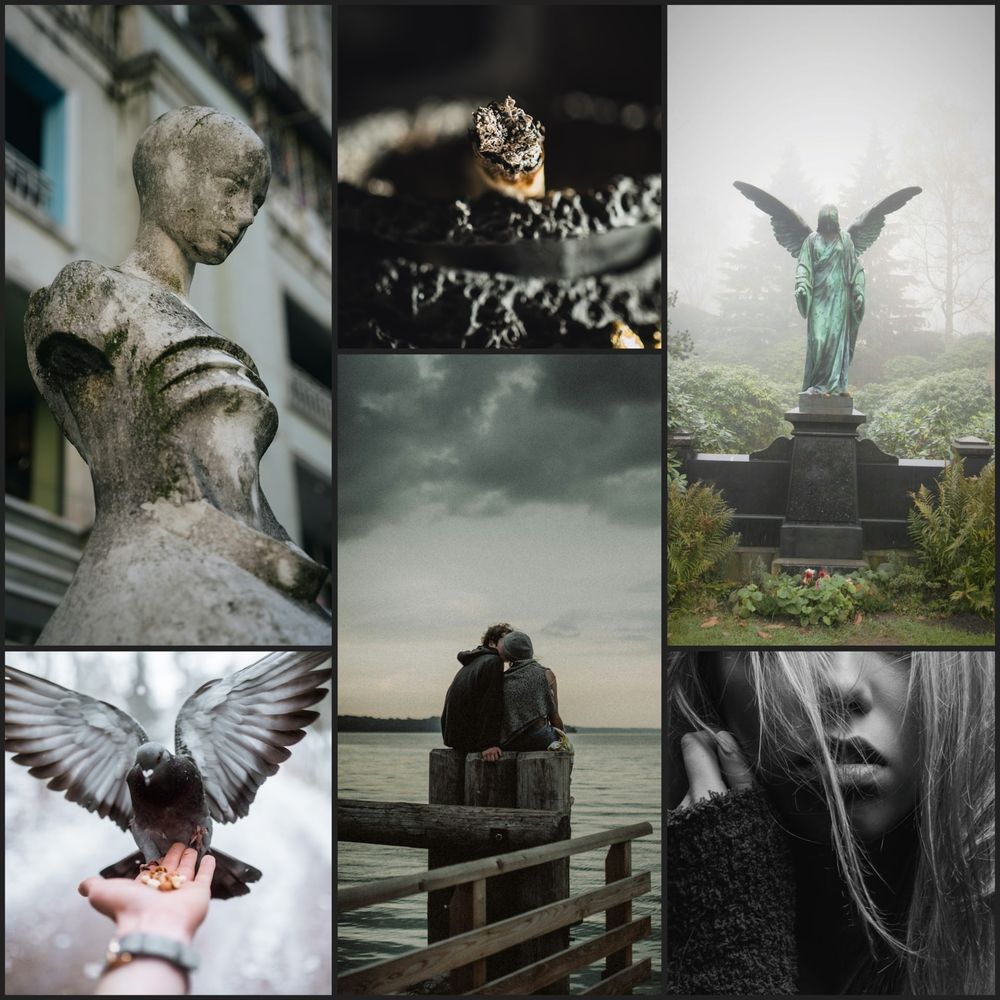 Moodboard with angel statues, a pigeon, two people sitting on a pier, and a burning cigarette 
