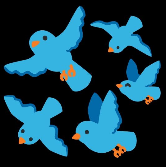 5 fliegende blaue Comic Vögel mit orangenen Füßen und Schnäbeln