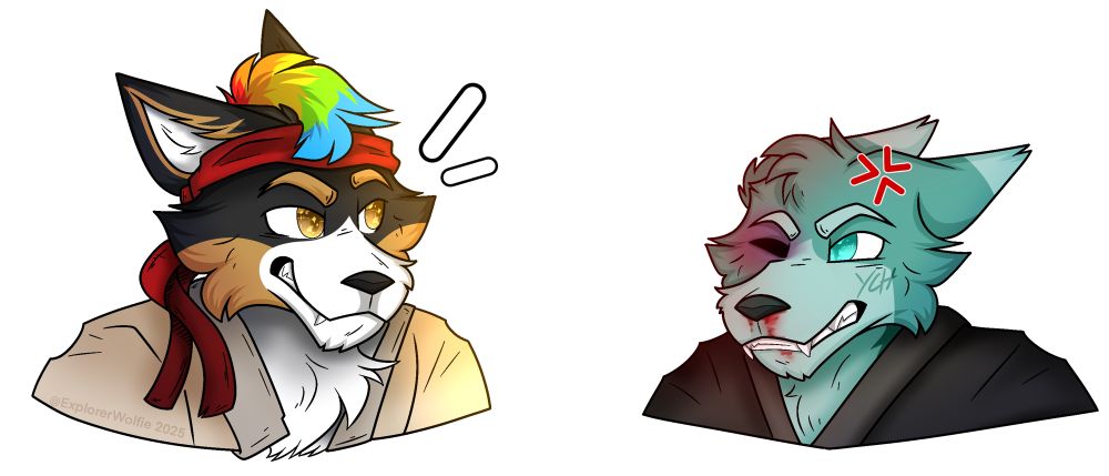 A Street Fighter themed art piece for Corgnito. Featuring Corgnito (left) dressed as Ryu, and a YCH character (right) in dark robes as the opponent. Video game themed t-shirt design for an upcoming convention’s theme of retro games. Transparent background appears as white. 