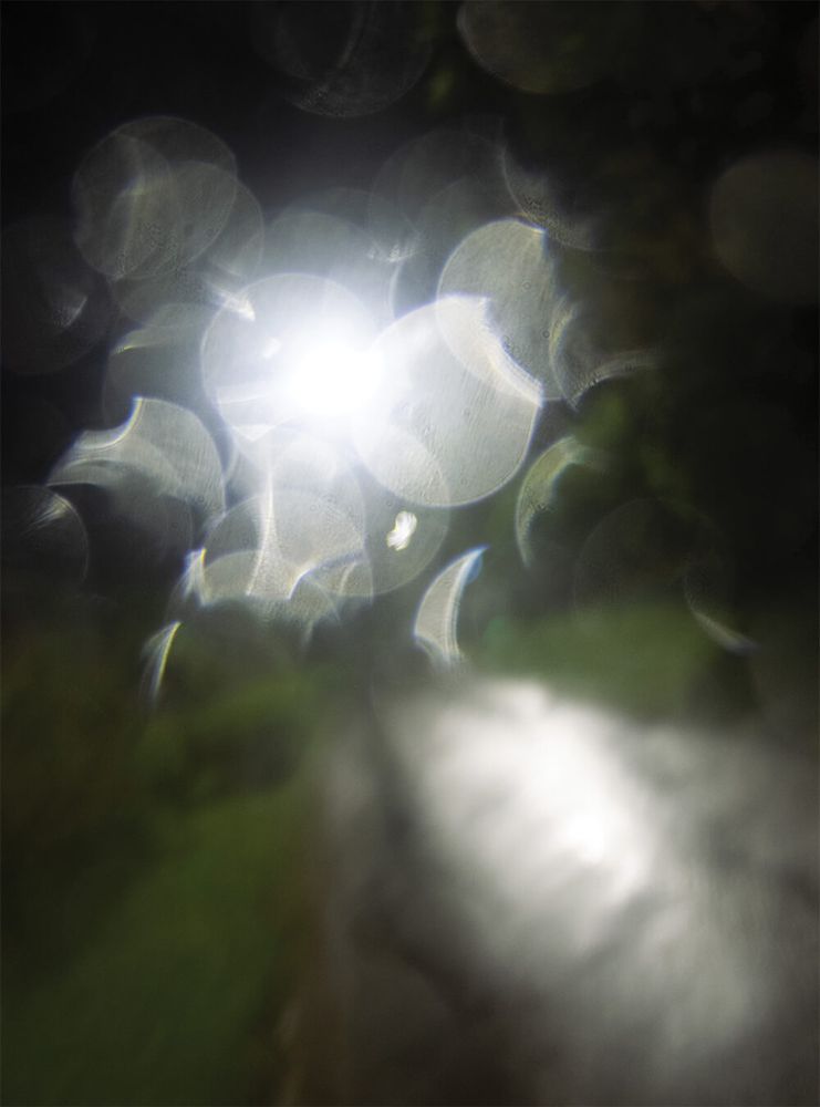 An abstract photograph depicting blurred, circular shapes of refracted white and silver light against a dark, ambient background. The glowing orbs radiate luminescence, blending softly into hints of green and shadowy textures. The image's lower section barely reveals a reflective, shadowy path leading toward the orbs of light. The visual style exemplifies digital art and photography through abstract, dreamy, and out-of-focus techniques.